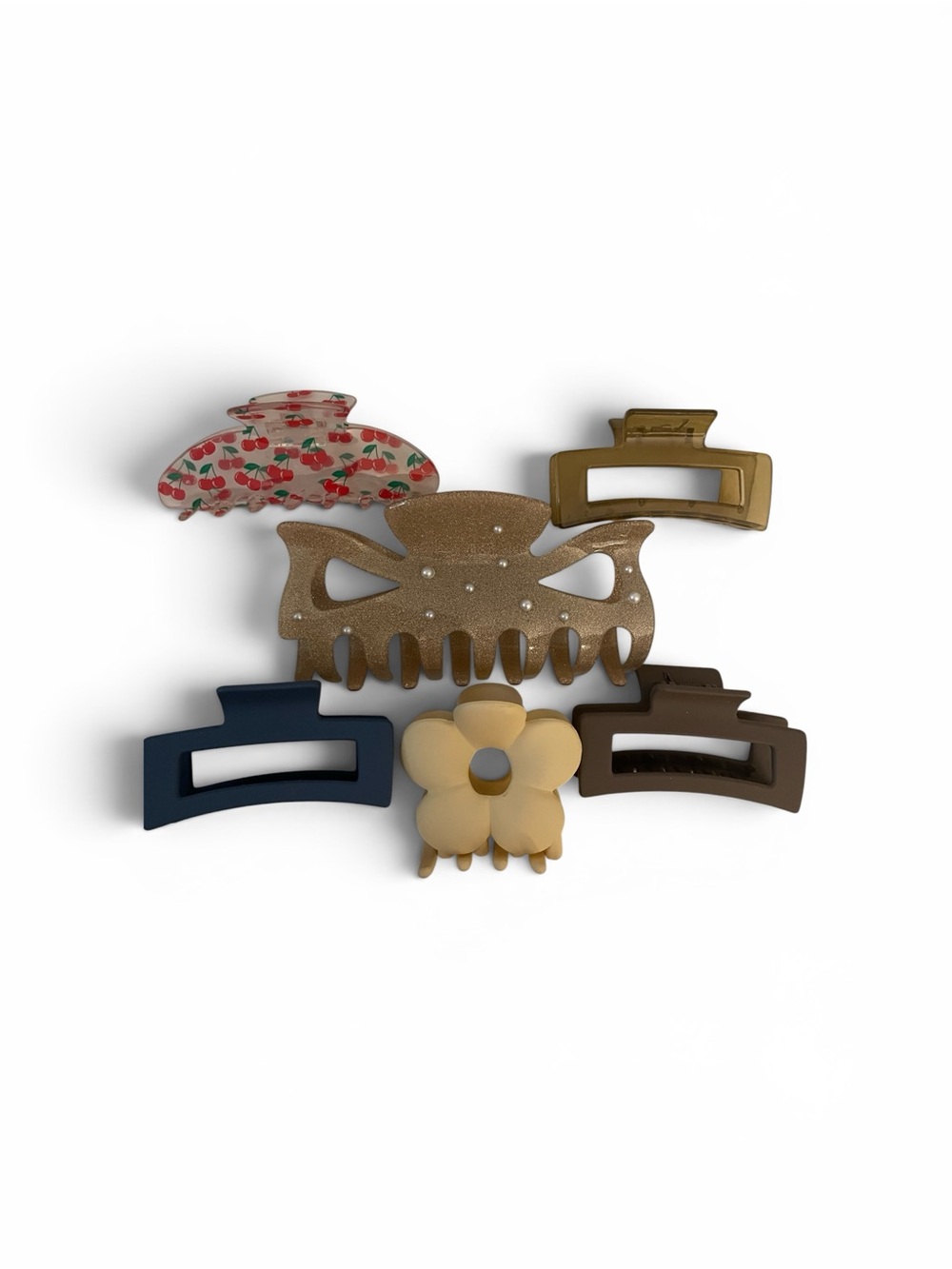Set of 6 Hair Claw Clips - Floral, Cherry Print & Neutral Tones